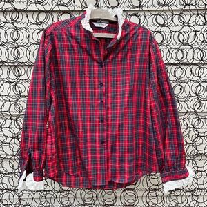 VTG Ms. Sero Red Poplin Christmas Plaid Ruffle Lace L/S Button Up Blouse Size 10